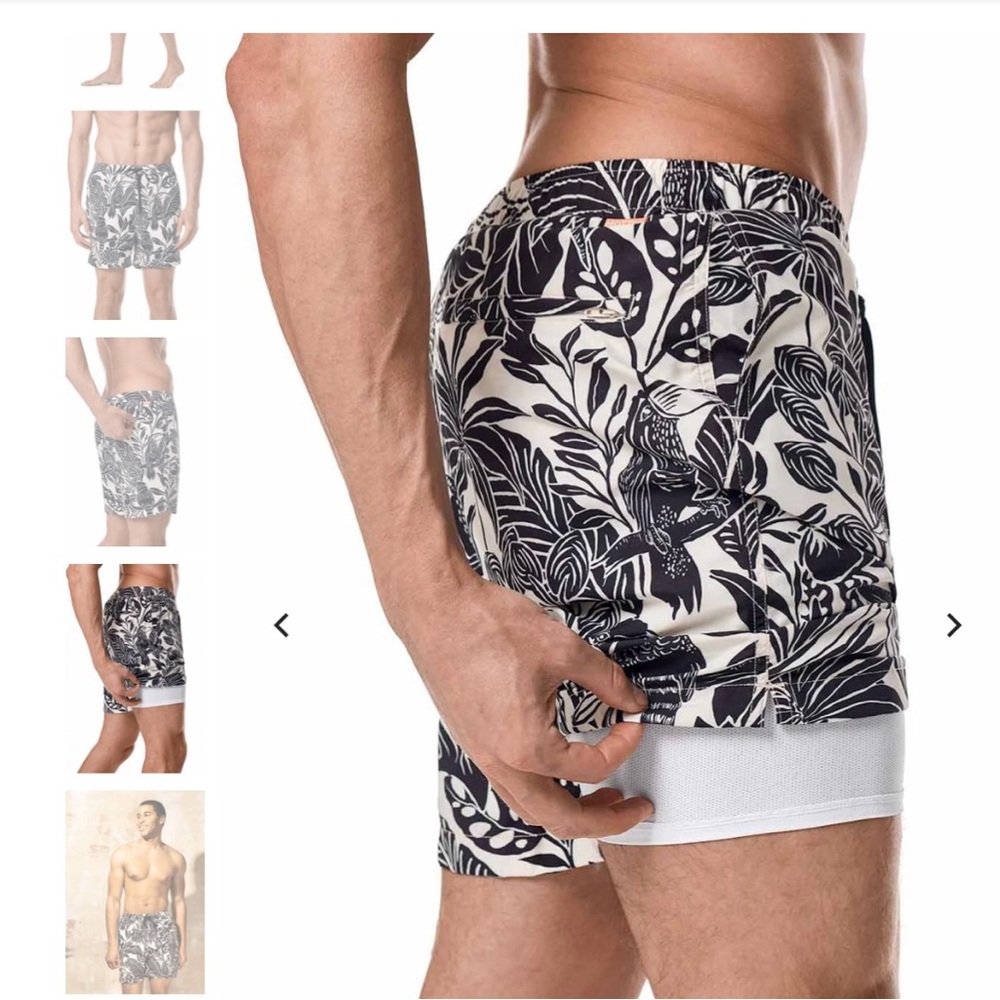 NWT Coolibar / Mott50 Black and White Swim Trunks with Tropical Print - Picture 3 of 5